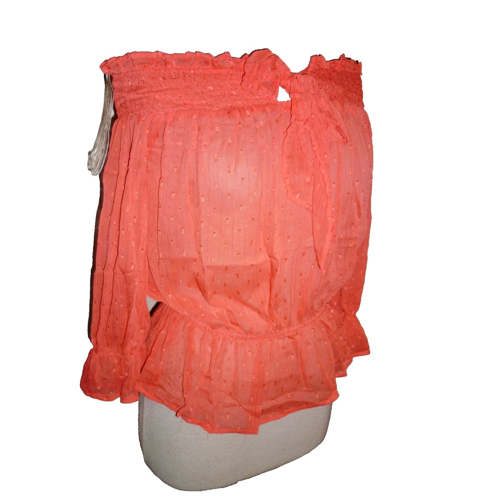 Story On Blouse Frilly Peplum Top Swiss Dot Bow Coquette Off Shoulder sz S